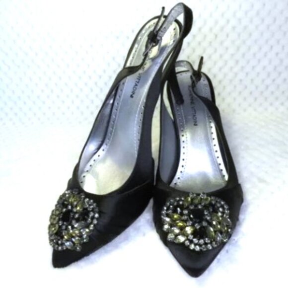 Adrienne Vittadini Black Satin Rhinestone Brooch Slingback Heels Size 7M - Picture 8 of 11